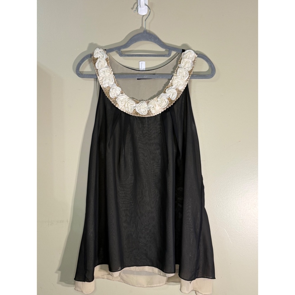 Peridot Black Chiffon Rosette Neck Sleeveless Blouse Top 1XL PD1407X Made in USA